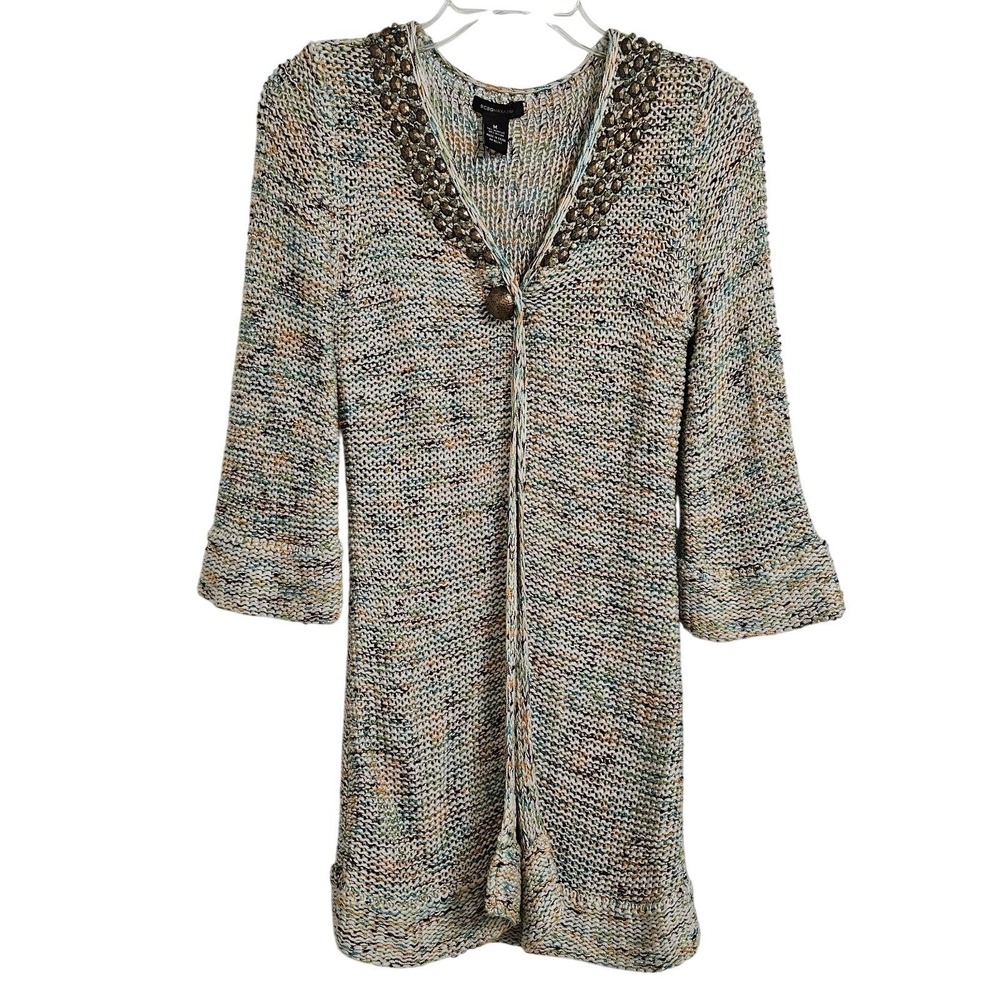 BCBGMAXAZRIA Cardigan Womens M Multicolor Studded Longline Knit V-Neck Sweater‎